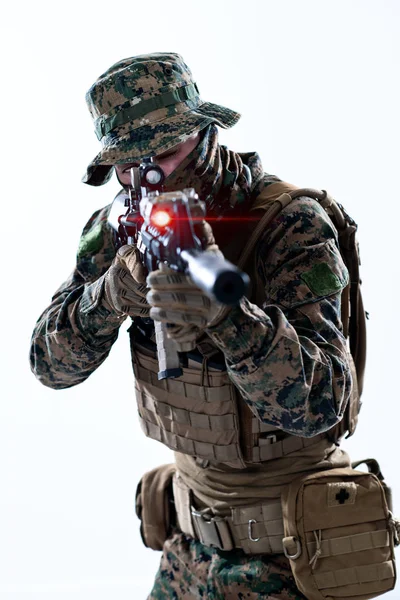 Soldier in action aiming laseer sight optics — Stock Photo, Image