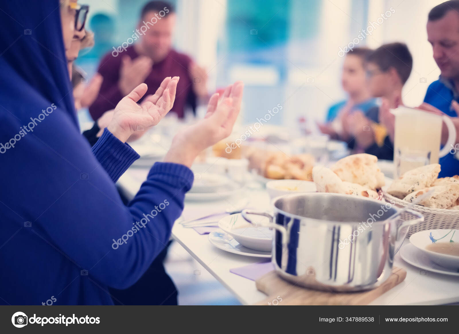 Eid Mubarak Muslim People Praying Iftar Dinner Eating Traditional Food Stock Photo Image By C Shock 347889538