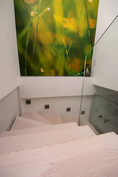 Intérieur Élégant Avec Escalier Bois Dans Grand Appartement Moderne Luxe — Photo