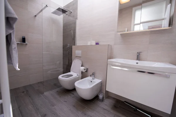 Luksusowe Stylowe Wnętrze Łazienki Umywalką Bidet Przestronną Kabiną Prysznicową Luksusowy — Zdjęcie stockowe