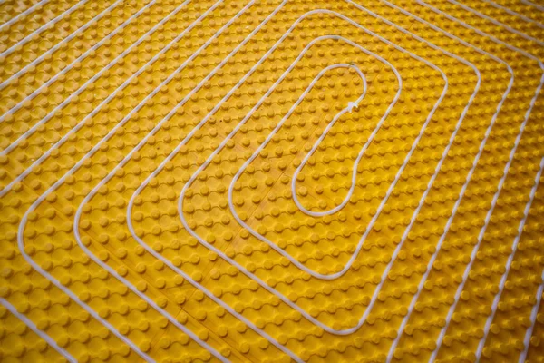 Yellow Underfloor Heating Installation White Polyethylene Pipes Construction Site New — Stock Photo, Image