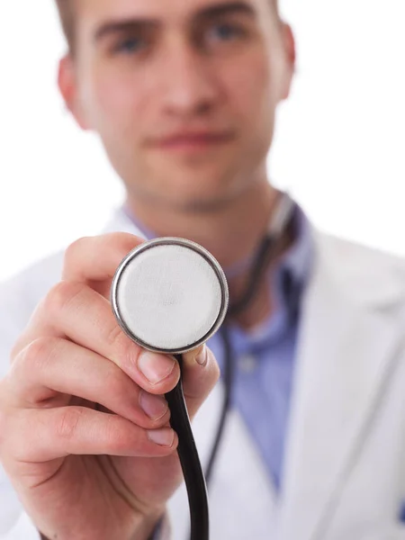 Retrato Héroe Con Bata Blanca Alegre Joven Médico Sonriente Con —  Fotos de Stock