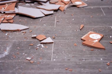 Kırık seramik seramik döşeme yığını, banyo yenilenmesi ve çöpe atılmaya hazır hale getirildikten sonra dokulu arka plan olarak kullanılabilir.