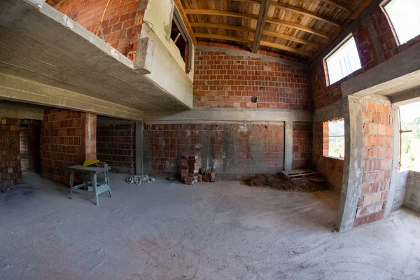 Construction Site Interior New Two Levels Apartment Windows Red Brick — Stockfoto