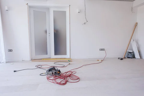 Male Workers Carpenters Installing Interior Glass Door Wooden Frame New — Stock Photo, Image