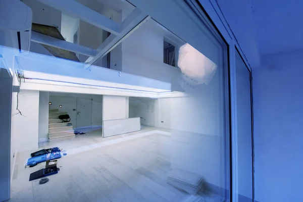 Vista Exterior Janela Calha Interior Luxo Elegante Moderno Design Espaço — Fotografia de Stock