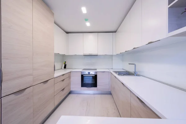 Hermoso Moderno Interior Cocina Limpia Brillante Nuevo Hogar Lujo Con — Foto de Stock