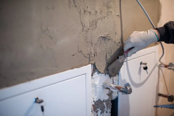 Construction Worker Plastering Interior Wall Using Cement Plaster Worker Plastering — Stock Photo, Image