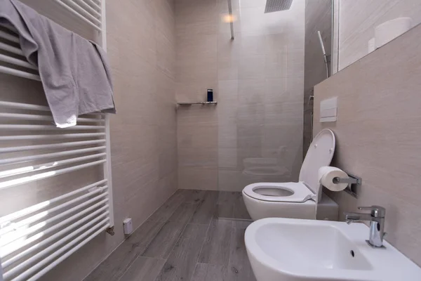 Luxe Stijlvolle Badkamer Met Toilet Bidet Wastafel Ruime Glazen Douchecabine — Stockfoto