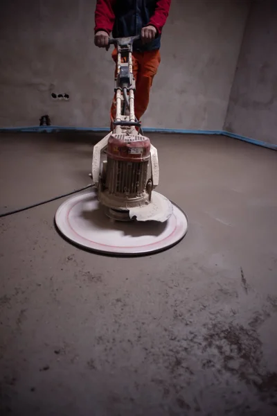 Laborer Performing Polishing Sand Cement Screed Floor Construction Site New — Stock Photo, Image