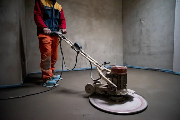 Laborer Performing Polishing Sand Cement Screed Floor Construction Site New — Stock Photo, Image