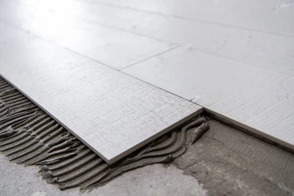 Carreaux Céramique Effet Bois Des Outils Pour Carrelage Sur Sol — Photo