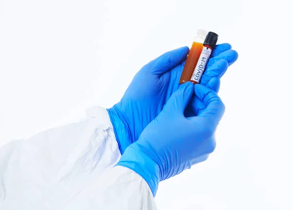 Coronavirus Doctor Holding Positive Covid Virus Blood Sample Test Tube — Stock Photo, Image