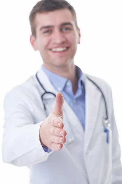 Doctor Handshake Friendly Male Doctor Open Hand Ready Hugging — Stock Photo, Image