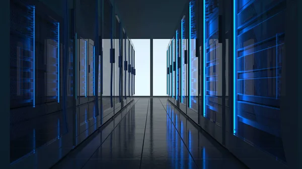 コンピュータネットワークセキュリティサーバールームデータセンター内のサーバーラック 3Dレンダリングダークブルー — ストック写真