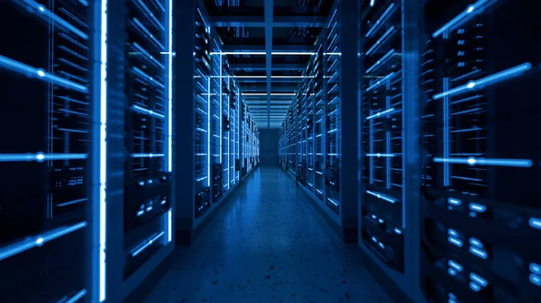 服务器架在计算机网络安全服务器机房数据中心 3D渲染深蓝色 — 图库照片