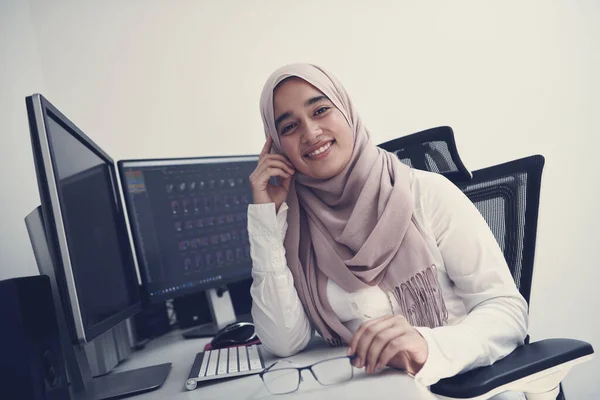 Female Arabic Creative Professional Working Home Office Desktop Computer Dual — Stock Photo, Image