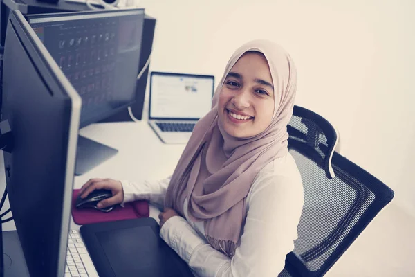 在有双屏的台式计算机上的家庭办公室工作的阿拉伯女性创意专业人员 — 图库照片