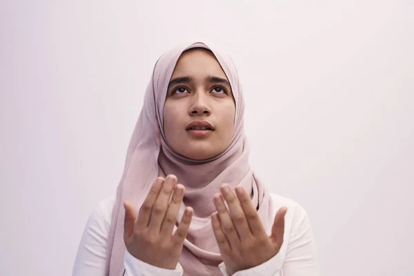 Arab Female Muslim Traditional Hijab Clothes Praying Namaz Dua Open — Stock Photo, Image