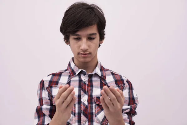 Hombre Árabe Musulmán Rezando Namaz Dua Manos Abiertas Allah — Foto de Stock