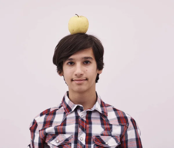 Portrait Young Arab Teen Boy Apple His Head Target Isolated — Stock Photo, Image