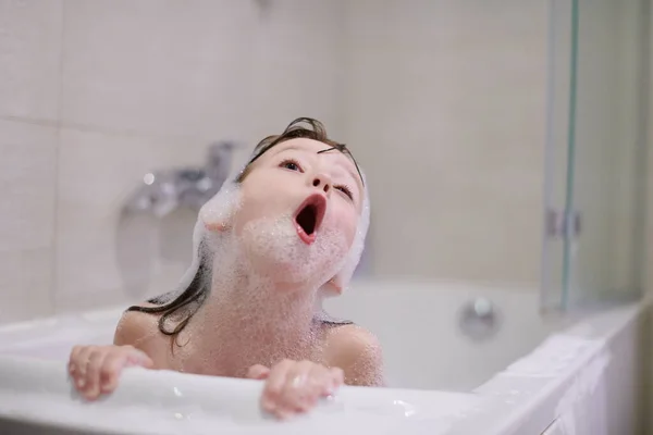 Little Girl Playing Soap Foam Bath Coronavirus Stay Home Pandemic — Stock Photo, Image