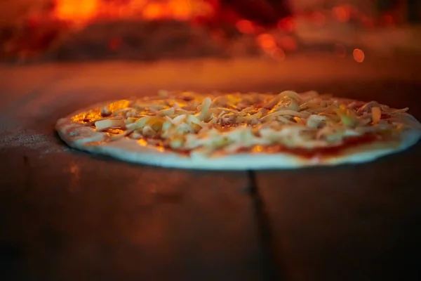 Rustic Pizza Removing Hot Stove Baked Cook Using Special Shovel — Stock Photo, Image