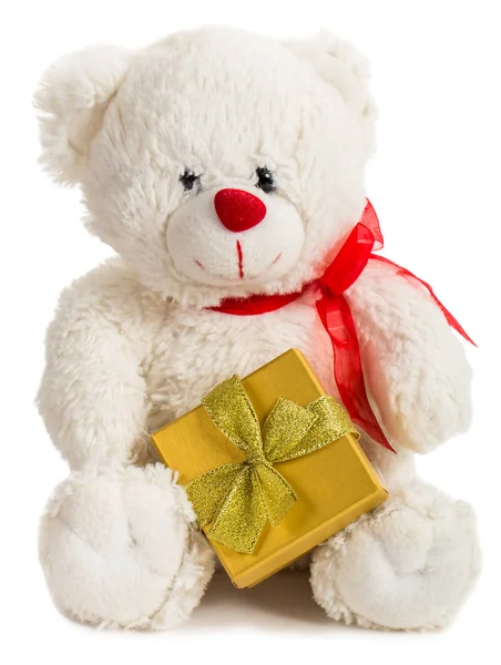 White teddy bear with present box — Stock Photo, Image