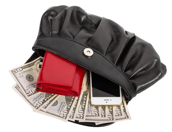 Handbag with mobile phone, wallet and money — Stock Photo, Image