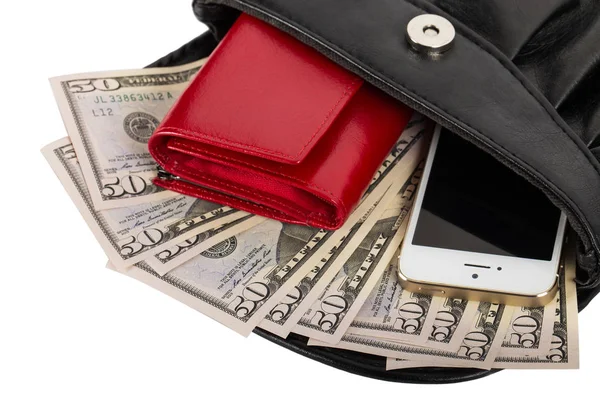 Bolso con teléfono móvil, billetera y dinero — Foto de Stock