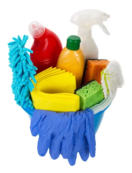 Bucket with cleaning items, top view — Stock Photo, Image