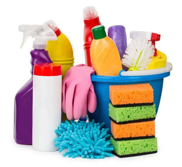 Limpeza de suprimentos, esponjas, trapos, escovas, sprays, limpeza de ágeno — Fotografia de Stock