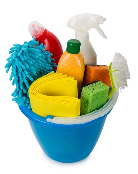 Bucket with cleaning items, top view — Stock Photo, Image