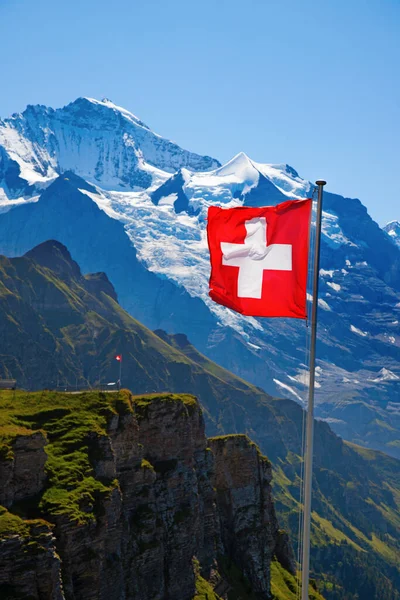 Zwitserse Vlag Top Van Mannlichen Jungfrau Regio Bern Zwitserland — Stockfoto