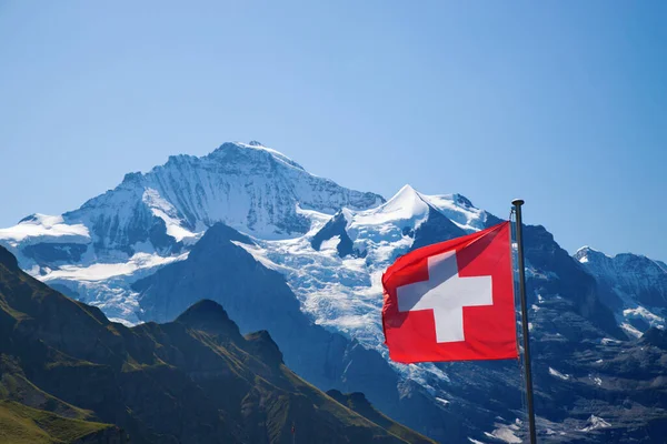 Mannlichen Tepesinde Sviçre Bayrağı Jungfrau Bölgesi Bern Sviçre — Stok fotoğraf