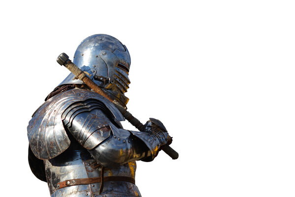 Medieval metal armor and helmet knight isolated over white