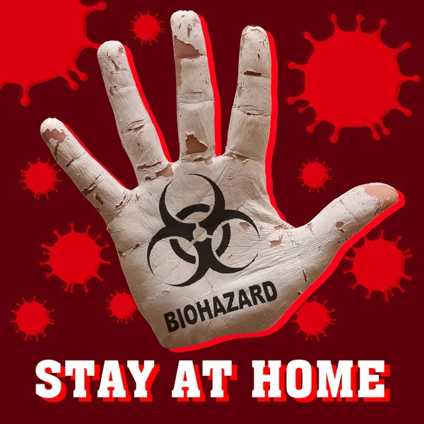 Man Hand Palm Geschilderd Waarschuwing Virus Biohazard Symbool — Stockfoto