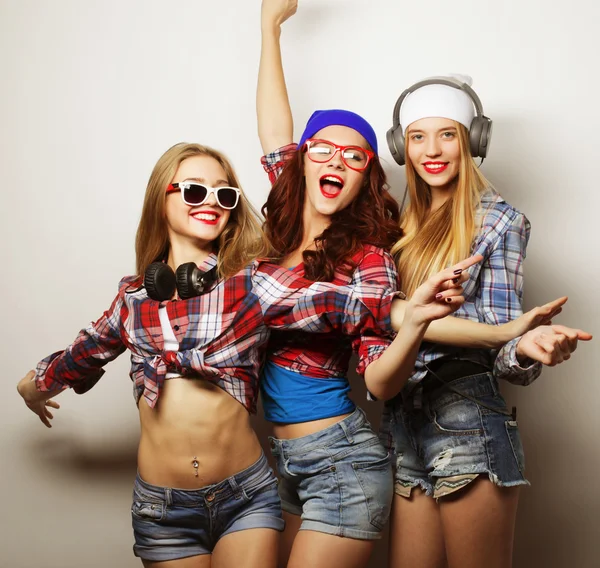 Fashion portrait of three stylish sexy hipster girls best friend — Stock Photo, Image