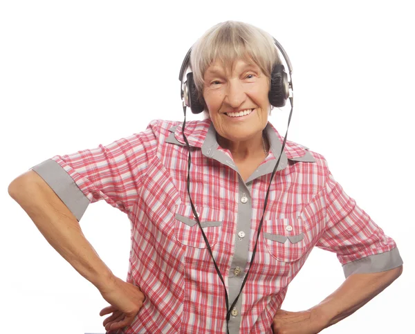 Zabawne słuchania muzyki starszej pani — Zdjęcie stockowe