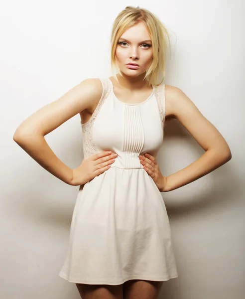 Young magnificent woman in white dress. — Stock Photo, Image