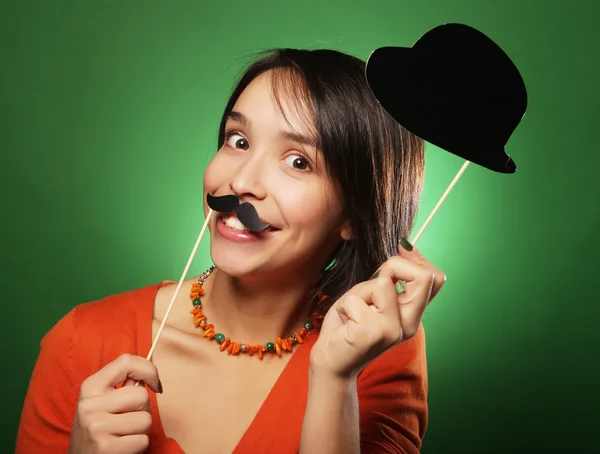 Young happy woman with  fake mustaches — Stock Photo, Image
