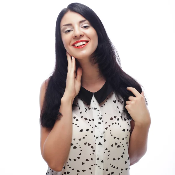 Bela jovem mulher surpreso com cabelo longo . — Fotografia de Stock