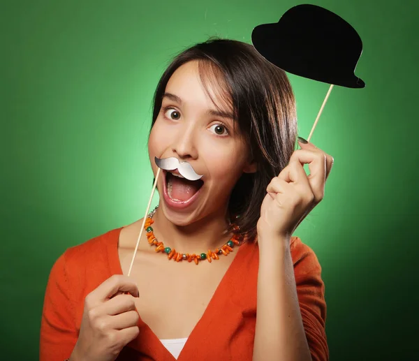 Young happy woman with  fake mustaches — Stock Photo, Image