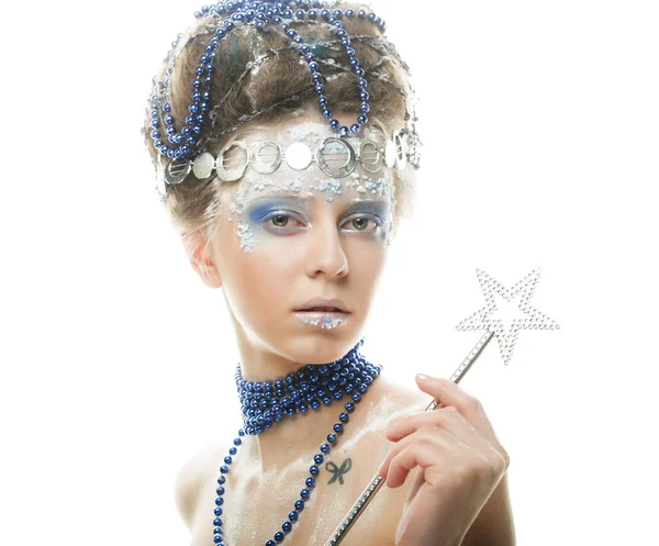 Portrait of winter queen with artistic make-up. Isolated on whit — Stock Photo, Image