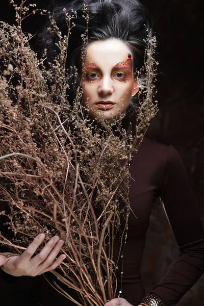 Mujer joven con maquillaje brillante con ramas secas — Foto de Stock