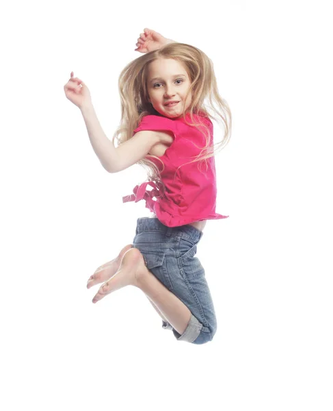 Chica salta sobre un fondo blanco — Foto de Stock