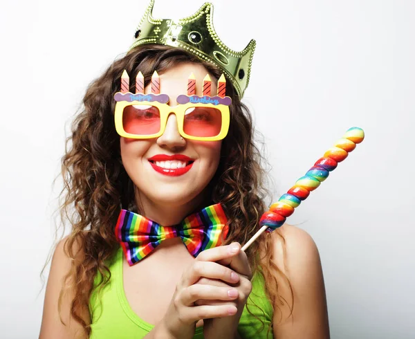 Young woman having fun. Young pretty woman with crown is laughin — Stock Photo, Image