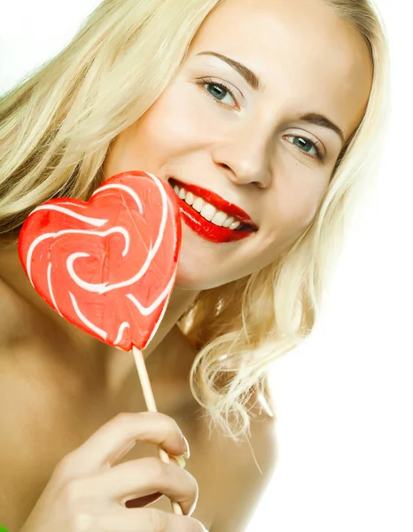 Frau mit Herz Lolly Pop — Stockfoto