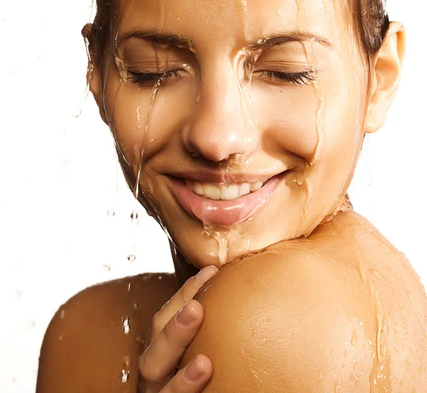 Woman face with water drop — Stock Photo, Image