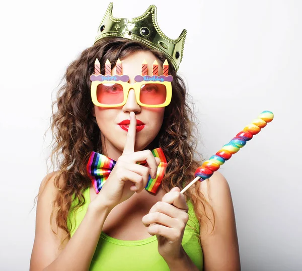Young woman having fun. Young pretty woman with crown is laughin — Stock Photo, Image